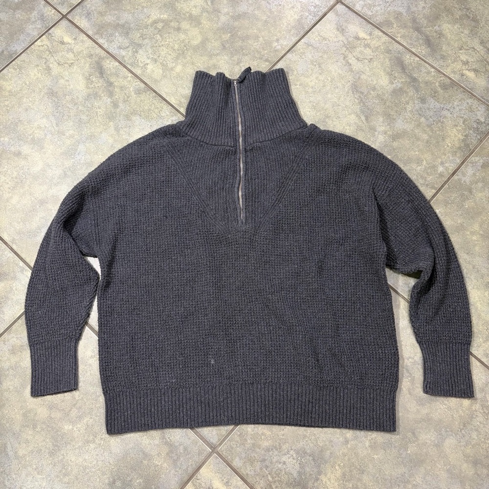Aerie Women's Sweater CozyUp Waffle Knit Quarter Zip Gray Boxy Oversized Sz S